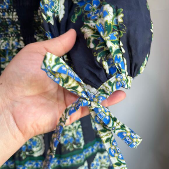 Cara Cara Jazzy Blue Green Print Puff Sleeve Smocked Cotton Midi Dress Sz S - Picture 10 of 13